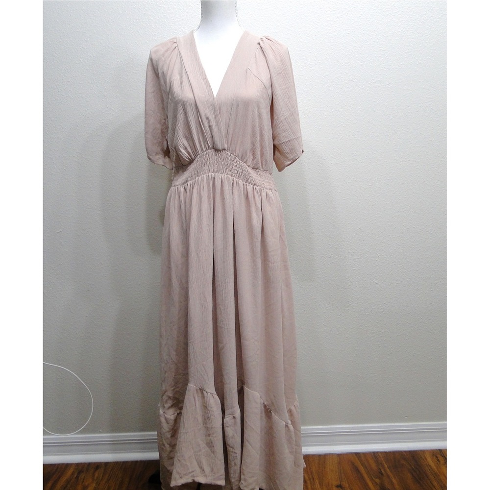 Baltic Born Smocked Waist Maxi Dress Dusty Rose V-Neck Ruffle Hem Womens 1X
